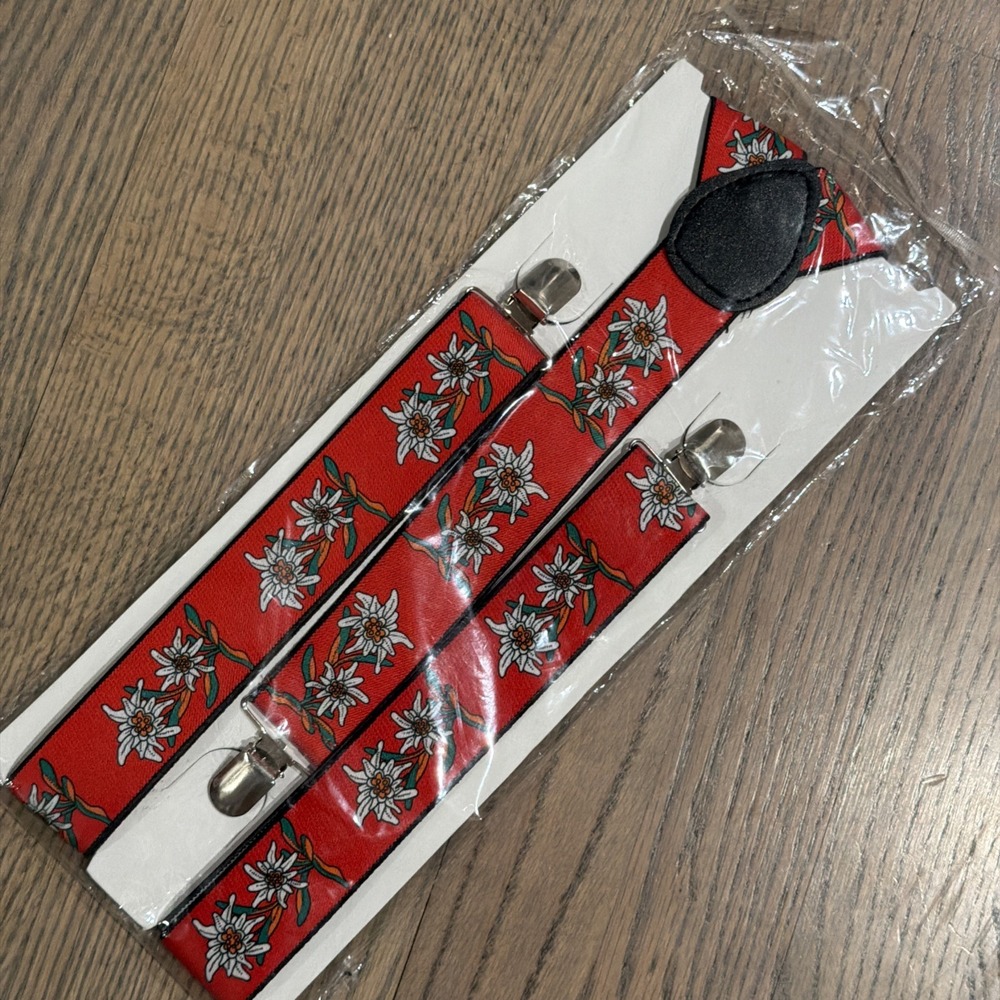 Bavarian Suspenders Edelweiss Design Red Floral New Old Stock Oktoberfest Y Clip